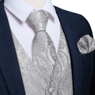 Silver Grey Paisley Jacquard Silk Men's Vest Pocket Square Cufflinks Tie Set Waistcoat Set