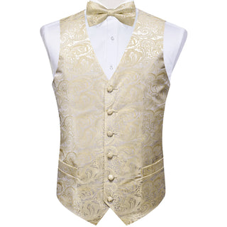 Casual Khaki Floral Jacquard Silk Men's Vest Pocket Square Cufflinks Bowtie Set Waistcoat Set