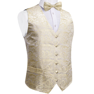 Casual Khaki Floral Jacquard Silk Men's Vest Pocket Square Cufflinks Bowtie Set Waistcoat Set