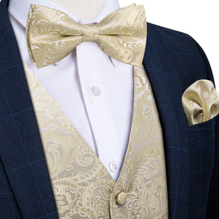 Casual Khaki Floral Jacquard Silk Men's Vest Pocket Square Cufflinks Bowtie Set Waistcoat Set