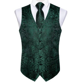 Green Floral Jacquard Silk Men's Vest Pocket Square Cufflinks Tie Set Waistcoat Set