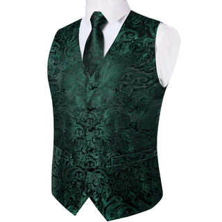 Green Floral Jacquard Silk Men's Vest Pocket Square Cufflinks Tie Set Waistcoat Set