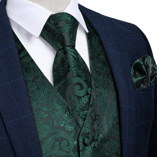 Green Floral Jacquard Silk Men's Vest Pocket Square Cufflinks Tie Set Waistcoat Set