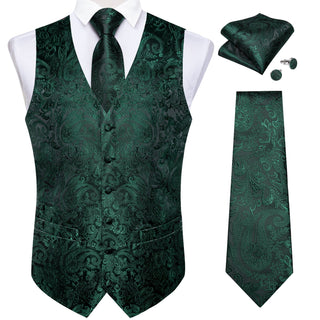 Green Floral Jacquard Silk Men's Vest Pocket Square Cufflinks Tie Set Waistcoat Set