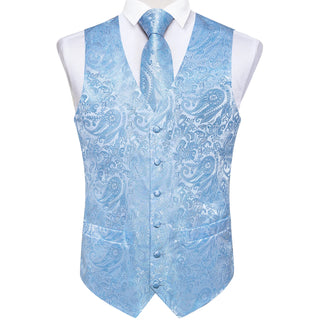 Blue Paisley Jacquard Silk Men's Vest Pocket Square Cufflinks Tie Set Waistcoat Set