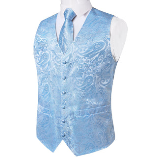 Blue Paisley Jacquard Silk Men's Vest Pocket Square Cufflinks Tie Set Waistcoat Set
