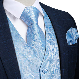 Blue Paisley Jacquard Silk Men's Vest Pocket Square Cufflinks Tie Set Waistcoat Set