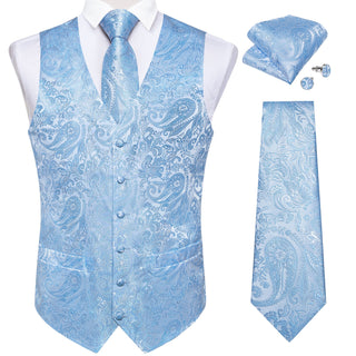 Blue Paisley Jacquard Silk Men's Vest Pocket Square Cufflinks Tie Set Waistcoat Set