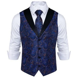 Blue Paisley Jacquard Silk Vest Pocket Square Cufflinks Tie Set Waistcoat Suit Set