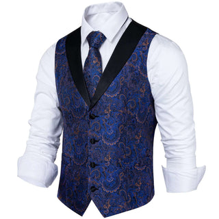Blue Paisley Jacquard Silk Vest Pocket Square Cufflinks Tie Set Waistcoat Suit Set