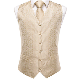 Champagne Paisley Silk Vest Pocket Square Cufflinks Tie Set Waistcoat Suit Set