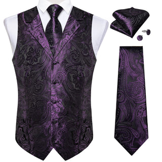 Purple Floral Jacquard Silk Men's Vest Pocket Square Cufflinks Tie Set Waistcoat Set