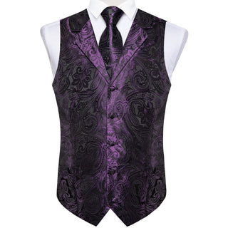 Purple Floral Jacquard Silk Men's Vest Pocket Square Cufflinks Tie Set Waistcoat Set