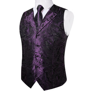 Purple Floral Jacquard Silk Men's Vest Pocket Square Cufflinks Tie Set Waistcoat Set