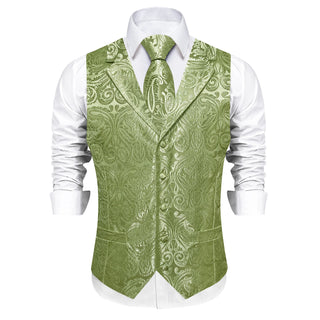 Sage Green Paisley Notched Silk Men's Vest Pocket Square Cufflinks Tie Set Waistcoat Set