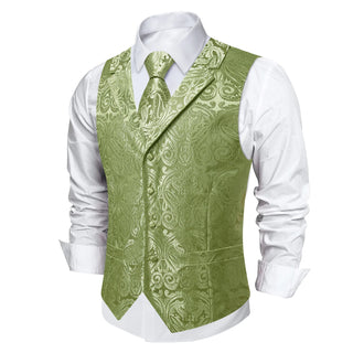 Sage Green Paisley Notched Silk Men's Vest Pocket Square Cufflinks Tie Set Waistcoat Set