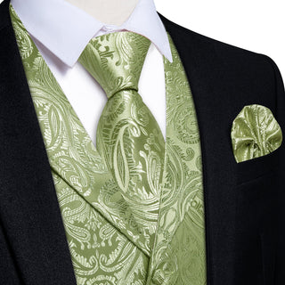 Sage Green Paisley Notched Silk Men's Vest Pocket Square Cufflinks Tie Set Waistcoat Set