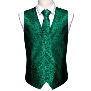 Emerald Green Floral Silk Men's Vest Pocket Square Cufflinks Tie Set Waistcoat Set