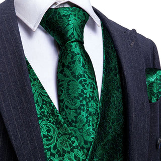 Emerald Green Floral Silk Men's Vest Pocket Square Cufflinks Tie Set Waistcoat Set