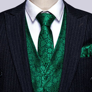 Emerald Green Floral Silk Men's Vest Pocket Square Cufflinks Tie Set Waistcoat Set