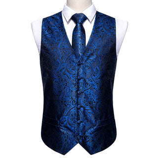 Blue Paisley Silk Men's Vest Pocket Square Cufflinks Tie Set Waistcoat Set
