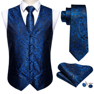 Blue Paisley Silk Men's Vest Pocket Square Cufflinks Tie Set Waistcoat Set