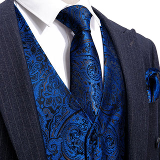 Blue Paisley Silk Men's Vest Pocket Square Cufflinks Tie Set Waistcoat Set
