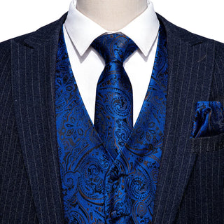 Blue Paisley Silk Men's Vest Pocket Square Cufflinks Tie Set Waistcoat Set