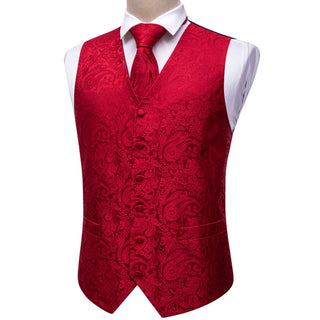 Classy Red Paisley Silk Vest Pocket Square Cufflinks Tie Set Waistcoat Suit Set