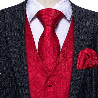 Classy Red Paisley Silk Vest Pocket Square Cufflinks Tie Set Waistcoat Suit Set