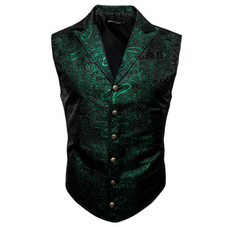New Green Paisley Silk Men's Single Vest Tailored Collar Waistcoat