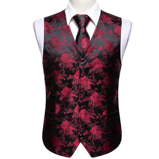 New Burgundy Floral Silk Men's Vest Pocket Square Cufflinks Tie Set Waistcoat Set