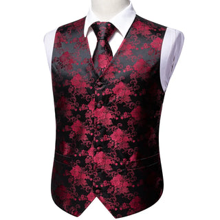 New Burgundy Floral Silk Men's Vest Pocket Square Cufflinks Tie Set Waistcoat Set
