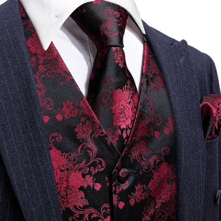 New Burgundy Floral Silk Men's Vest Pocket Square Cufflinks Tie Set Waistcoat Set