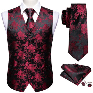 New Burgundy Floral Silk Men's Vest Pocket Square Cufflinks Tie Set Waistcoat Set