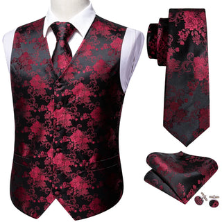 New Burgundy Floral Silk Men's Vest Pocket Square Cufflinks Tie Set Waistcoat Set