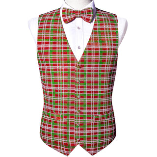 Christmas Red Green Plaid Jacquard Silk Vest Bow Tie Set Waistcoat Suit Set