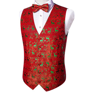 Christmas Red Green Elk Novelty Jacquard Silk Vest Bow Tie Set Waistcoat Suit Set