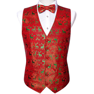Christmas Red Green Elk Novelty Jacquard Silk Vest Bow Tie Set Waistcoat Suit Set