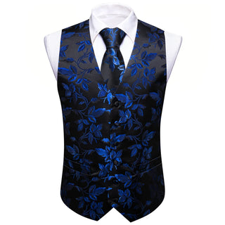 New Blue Floral Silk Men's Vest Pocket Square Cufflinks Tie Set Waistcoat Set