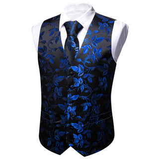 New Blue Floral Silk Men's Vest Pocket Square Cufflinks Tie Set Waistcoat Set