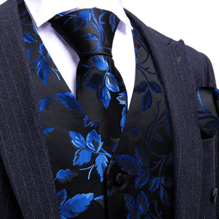 New Blue Floral Silk Men's Vest Pocket Square Cufflinks Tie Set Waistcoat Set