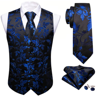 New Blue Floral Silk Men's Vest Pocket Square Cufflinks Tie Set Waistcoat Set