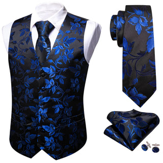 New Blue Floral Silk Men's Vest Pocket Square Cufflinks Tie Set Waistcoat Set