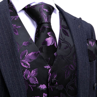 New Purple Floral Silk Men's Vest Pocket Square Cufflinks Tie Set Waistcoat Set
