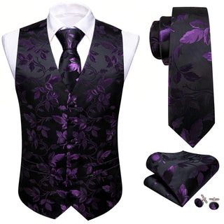 New Purple Floral Silk Men's Vest Pocket Square Cufflinks Tie Set Waistcoat Set