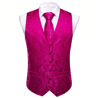 Pink Floral Silk Men's Vest Pocket Square Cufflinks Tie Set Waistcoat Set