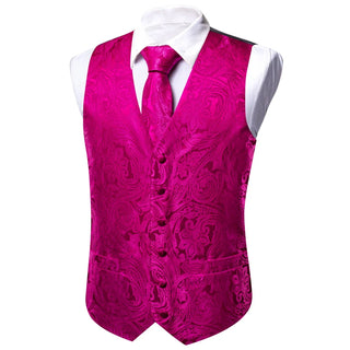 Pink Floral Silk Men's Vest Pocket Square Cufflinks Tie Set Waistcoat Set
