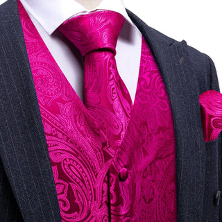 Pink Floral Silk Men's Vest Pocket Square Cufflinks Tie Set Waistcoat Set