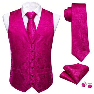 Pink Floral Silk Men's Vest Pocket Square Cufflinks Tie Set Waistcoat Set